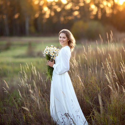 Woman holding daisies in field