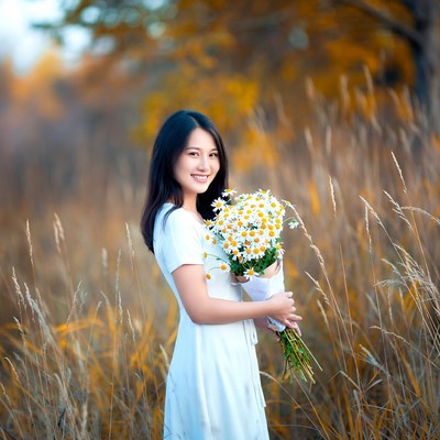 Asian woman holding daisies in autumn field