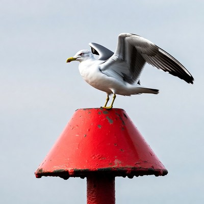 Gull perched on red buoy
