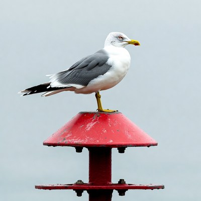 Gull perched on red post