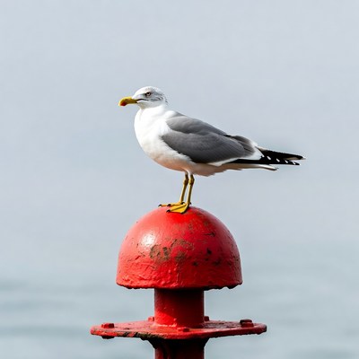 Gull standing on red buoy