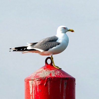 Seagull perched on red buoy