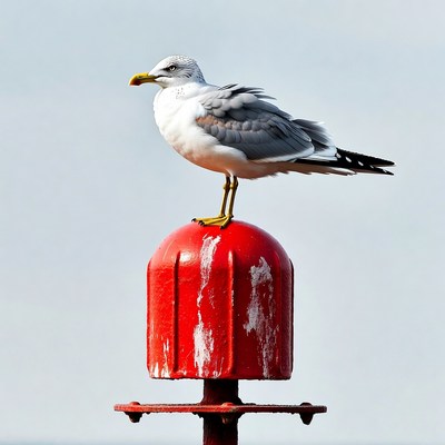 Seagull perched on red buoy