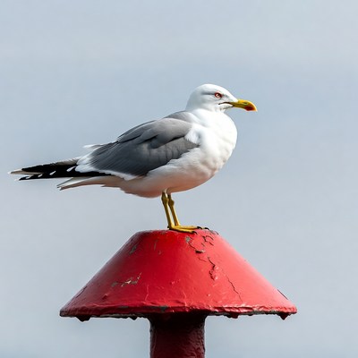 Seagull standing on red buoy