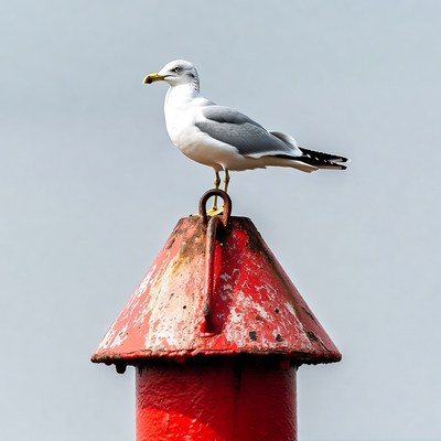 Seagull perched on red buoy