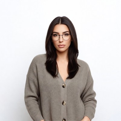 Woman in gray cardigan with glasses