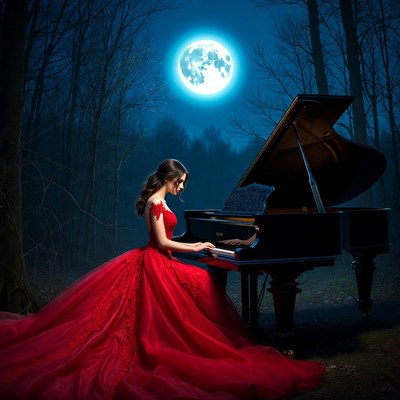 Woman playing piano in moonlit forest