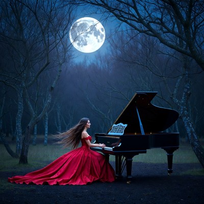 Woman playing piano under full moon