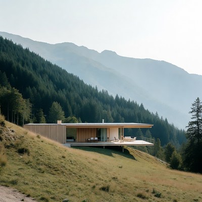 Modern wooden house on mountain slope