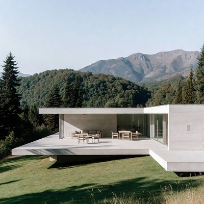 Modern white house on hillside with mountains