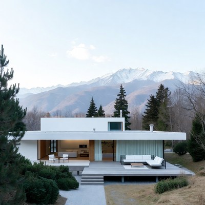 Modern white house with snowy mountains