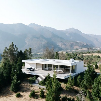 Modern white house in mountains