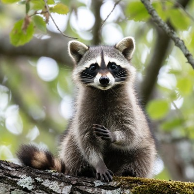 Baby raccoon sitting on tree branch