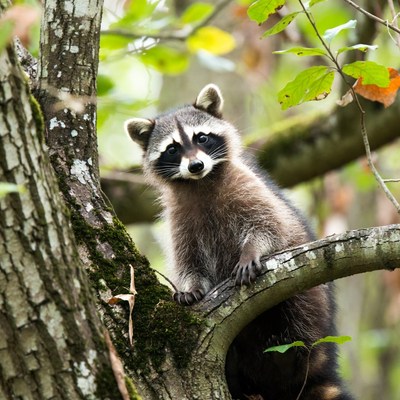 Raccoon perched on tree trunk