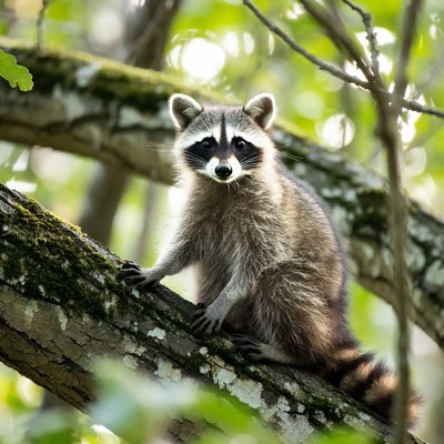 Raccoon sitting on tree branch