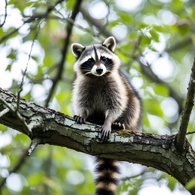 Raccoon sitting on tree branch