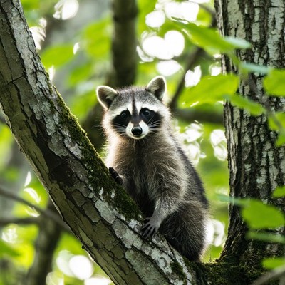 Raccoon sitting on tree branch