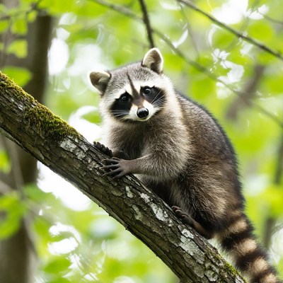 Raccoon climbing tree branch