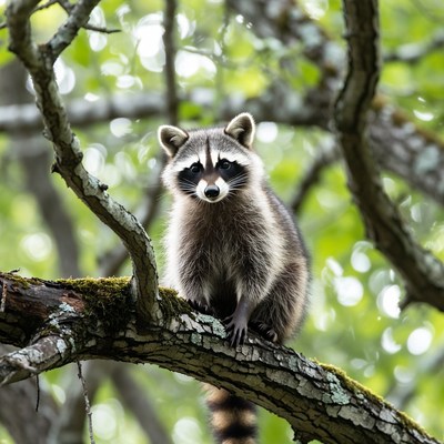 Raccoon sitting on tree branch