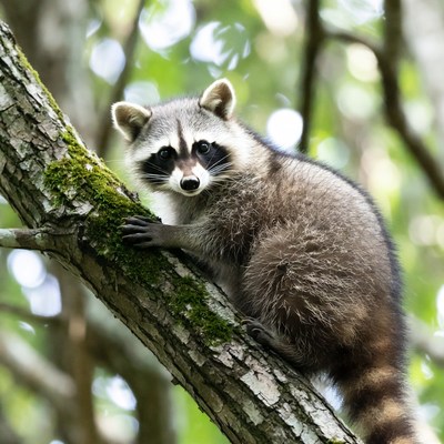 Raccoon climbing mossy tree branch