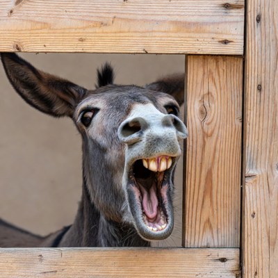 Donkey braying through wooden fence
