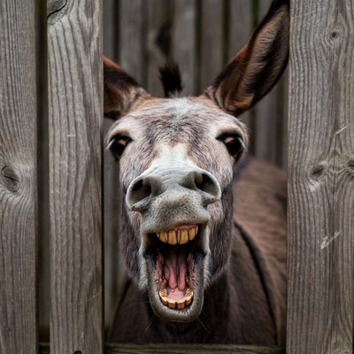 Donkey braying through wooden fence