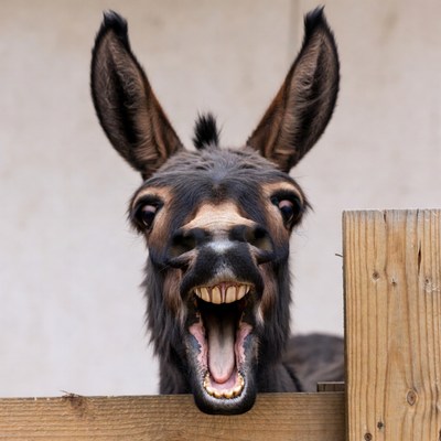 Donkey braying over wooden fence