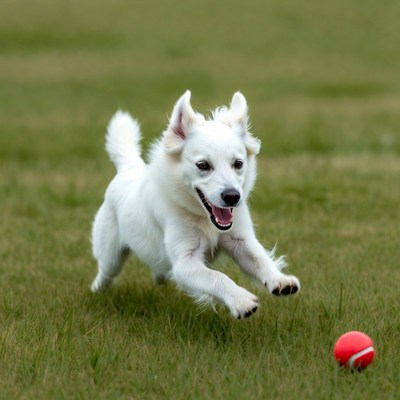 White dog chasing red tennis ball