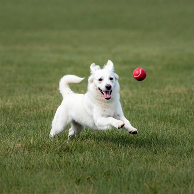 White dog chasing red ball