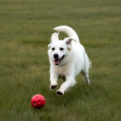 White dog chasing red ball