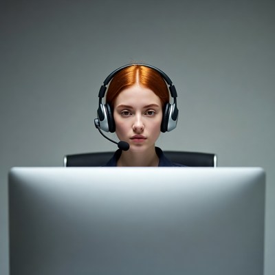 Redhead woman wearing headset at computer
