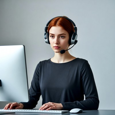 Redhead woman working at computer with headset