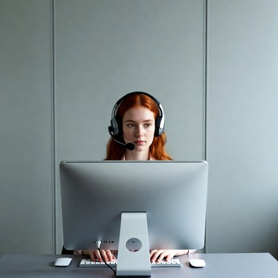 Redhead woman wearing headset at computer