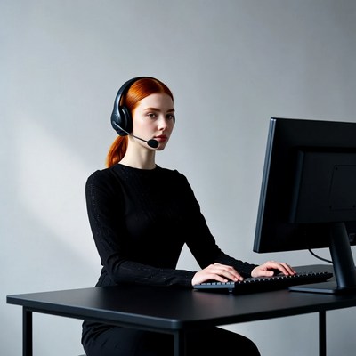 Redhead woman working at computer with headset