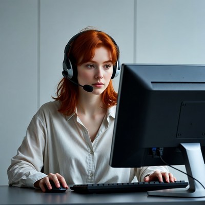 Redhead woman wearing headset at computer