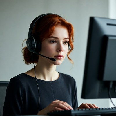 Redhead woman wearing headset at computer