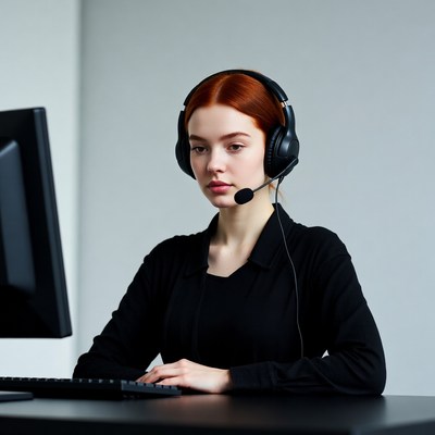 Redhead woman working at computer with headset