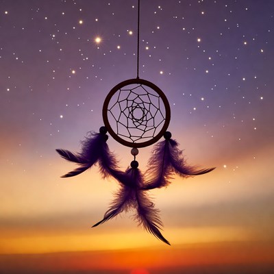 Dreamcatcher with feathers against starry sunset