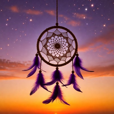 Dreamcatcher with purple feathers sunset sky