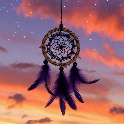 Dreamcatcher with purple feathers on starry sunset sky