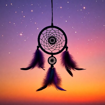 Dreamcatcher with feathers on starry sunset