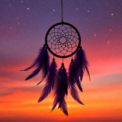 Dreamcatcher with purple feathers sunset sky