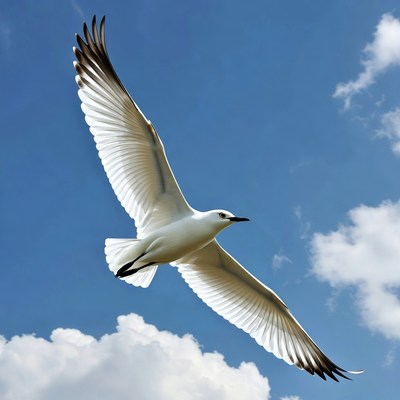 White seagull flying in blue sky