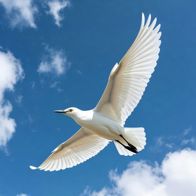 White Egret Flying in Blue Sky