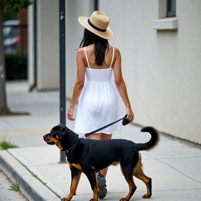 Woman walking Rottweiler dog