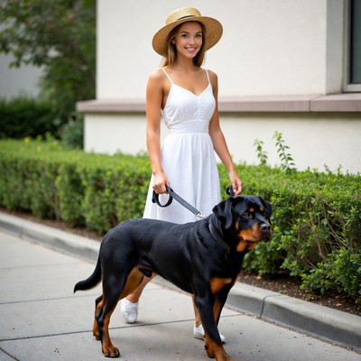 Woman walking Rottweiler dog