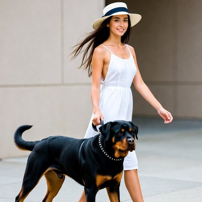 Woman walking Rottweiler dog