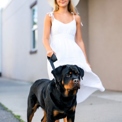Woman walking Rottweiler dog