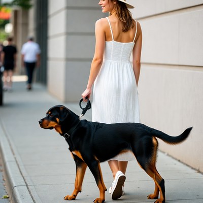 Woman walking Rottweiler dog on street