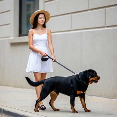 Asian woman walking Rottweiler dog